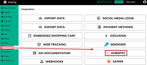 Ownly Admin showing the Integrations menu with the HubSpot connection option