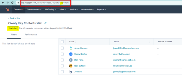 HubSpot contact list URL highlighting the Contact List ID