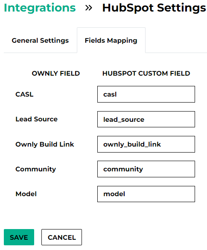 Ownly Admin HubSpot field mapping form populated with HubSpot internal property names