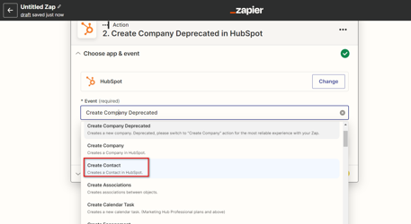 Choosing the HubSpot Create Contact action in Zapier