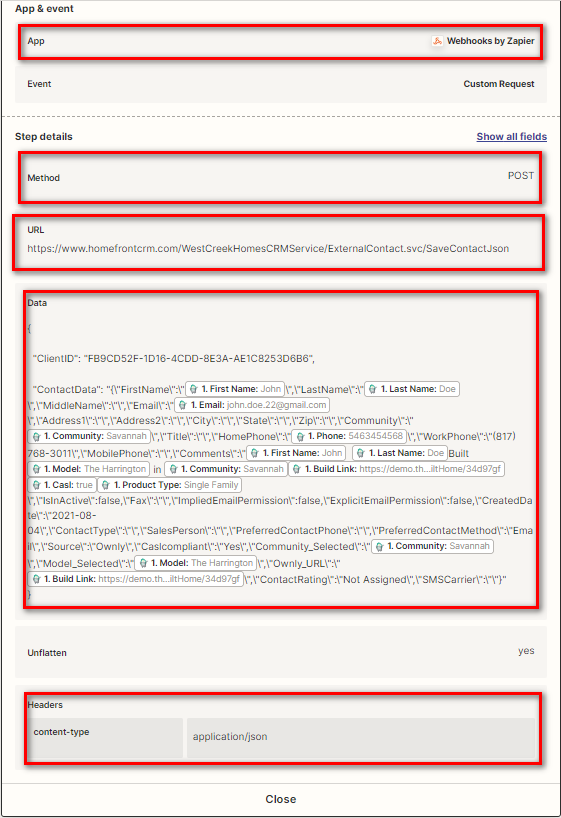 Configuring a Webhooks by Zapier POST action